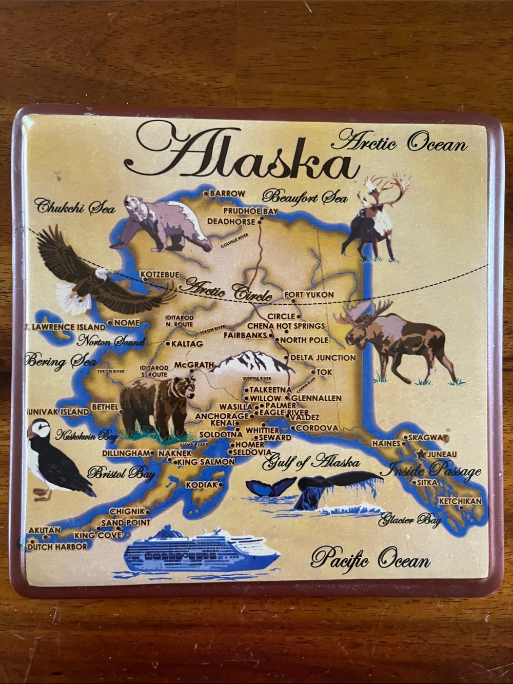 Vtg Ceramic Tile ALASKA Wildlife Map Hot Plate Trivet Wall Plaque Decor Souvenir